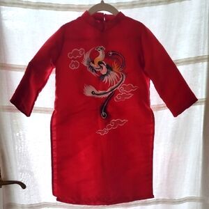 Girl's Vietnamese Traditional Ao Dai - Vibrant Red Dress with Phoenix Embroidery